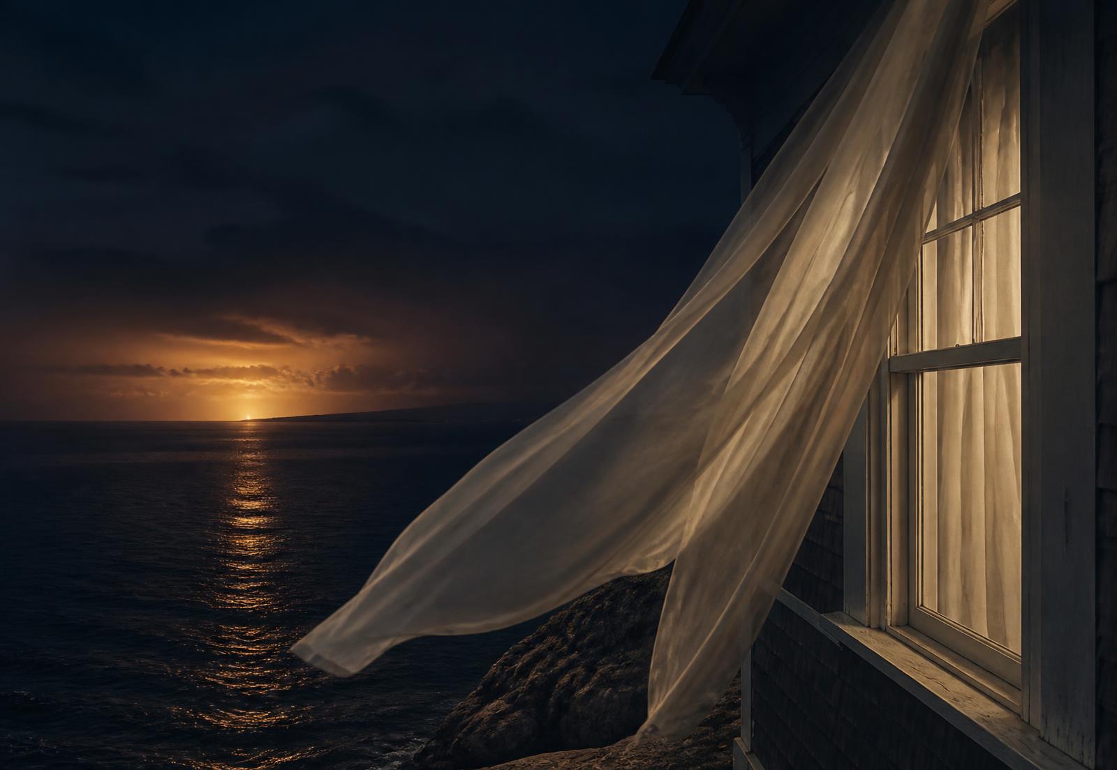 A white curtain moving above a dark ocean lit by a distant amber glow